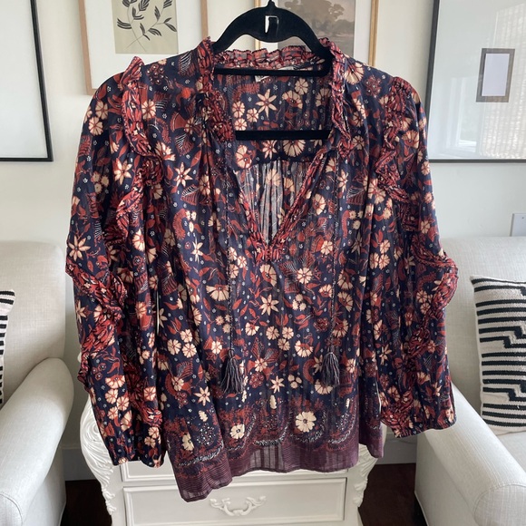 Ulla Johnson Tops - Ulla Johnson navy red and cream cotton boho top size 2